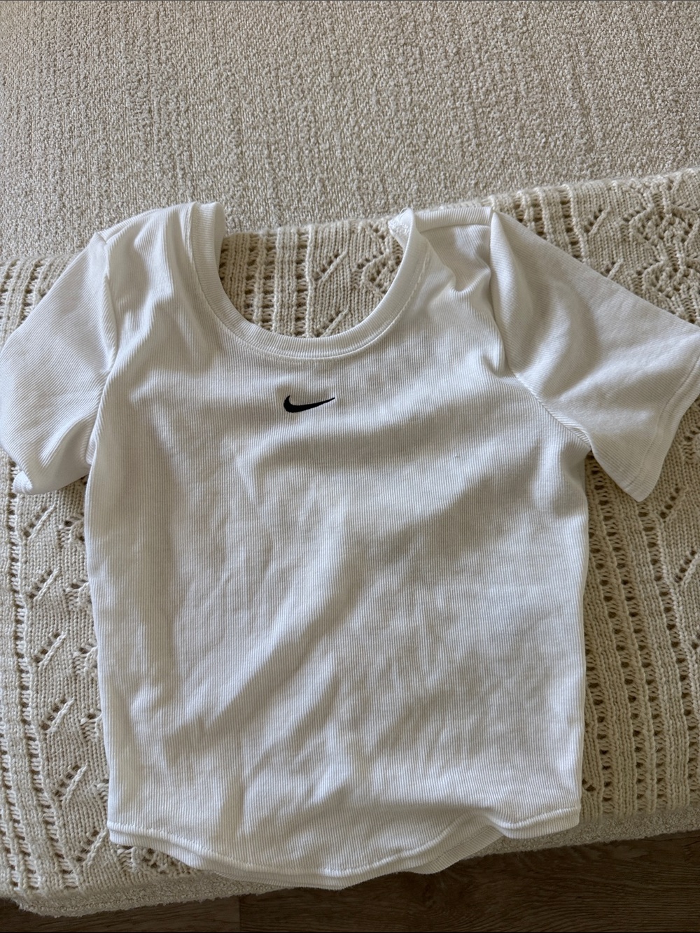 Nike White Ribbed Scoop Neck Tee with Black Swoosh Logo